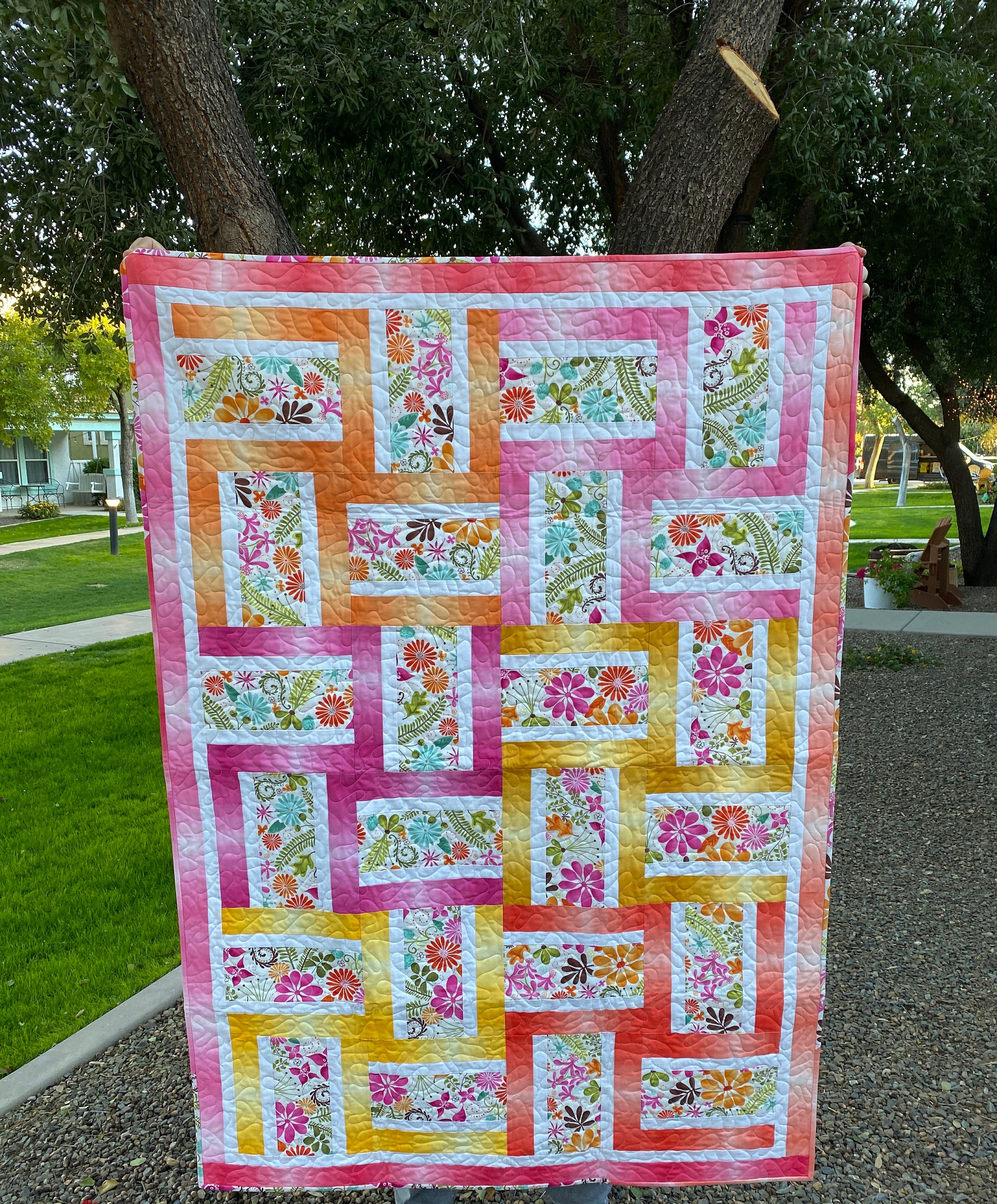 Patchwork Lap Quilt Ombre & Floral one of a kind handmade