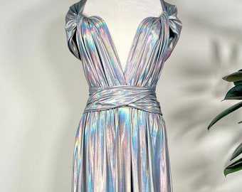 SILVER IRIDESCENT Goddess Bridesmaid Dress/ Holographic Metallic / Convertible Dress / Infinity Dress/ Multiway Dress/ Multi Wrap Dress  /