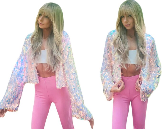 PINK Iridescent SEQUINS Kimono Jacket/ Holographic Sequins/ Festival