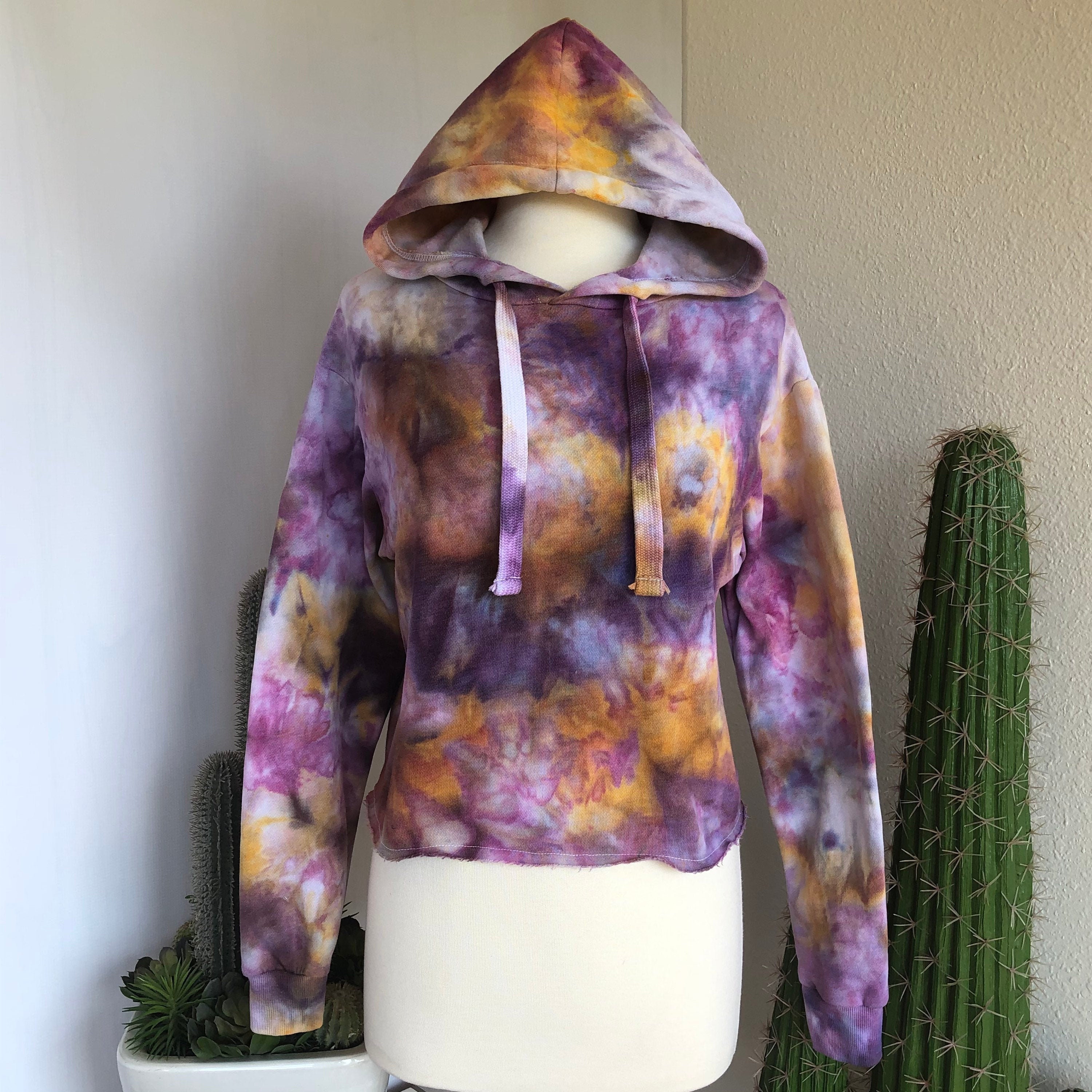 WILD IRIS Oversized Raw Hem Crop Hooded Sweatshirt/ Ice Dye Hoodie/ Tie