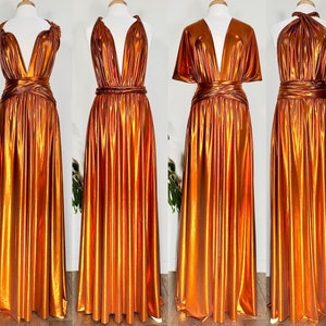 Robe de demoiselle d'honneur déesse métallique orange brûlé / robe longue métallique / robe convertible / robe infini / robe multivoies / robe portefeuille / rouille