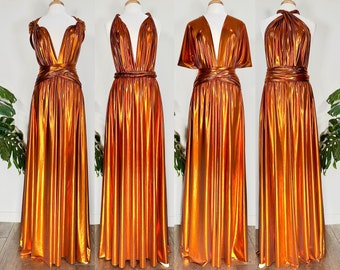 Robe de demoiselle d'honneur déesse métallique orange brûlé / robe longue métallique / robe convertible / robe infini / robe multivoies / robe portefeuille / rouille