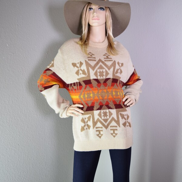 VINTAGE 70s AZTEC NATIVE Ikat Pattern Wool Tribal Hippie Boho Knit Sweater Large