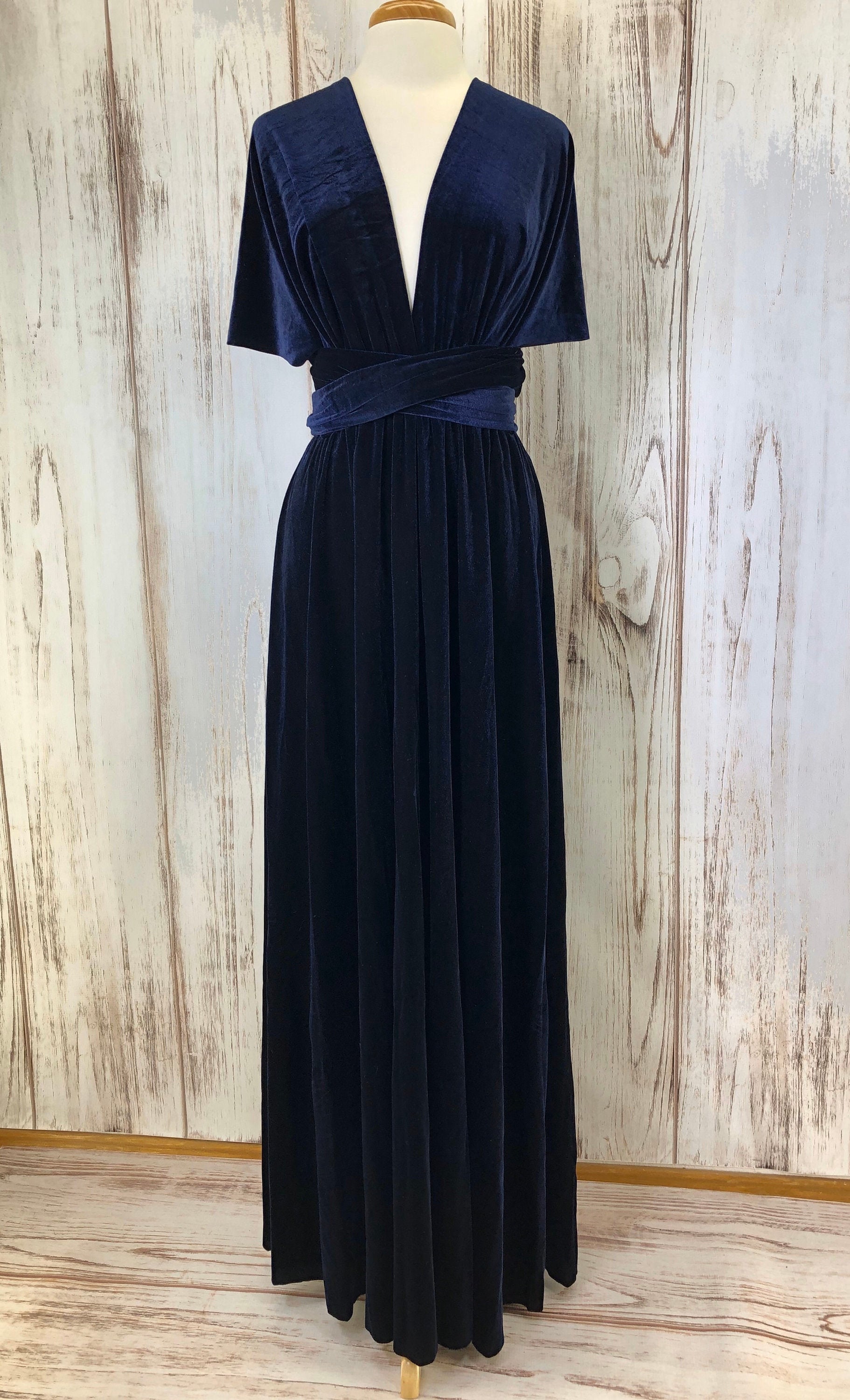 navy blue velvet wrap dress