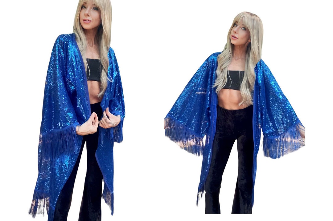 BLUE FRINGE SEQUINS Kimono Jacket/ Royal Blue Sequins/ Festival Kimono