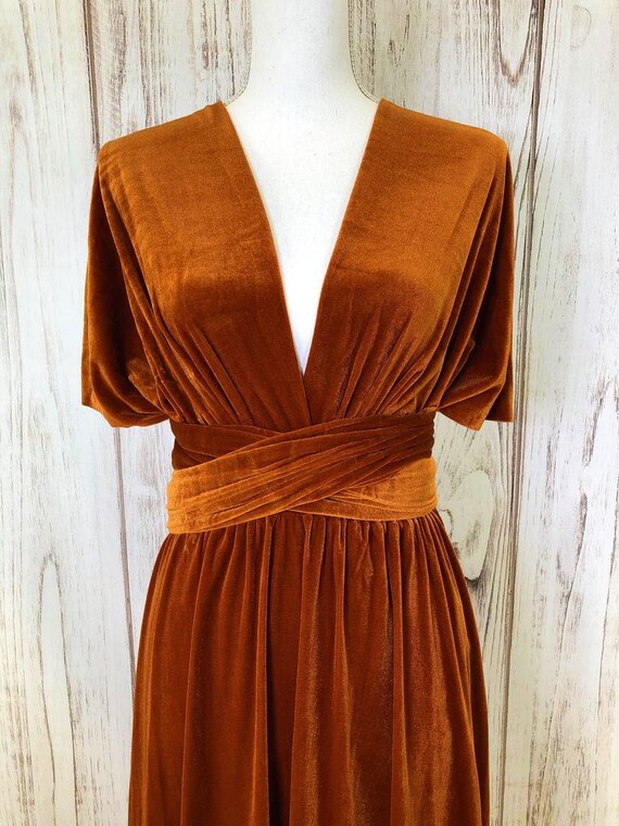burnt orange velvet bridesmaid dress