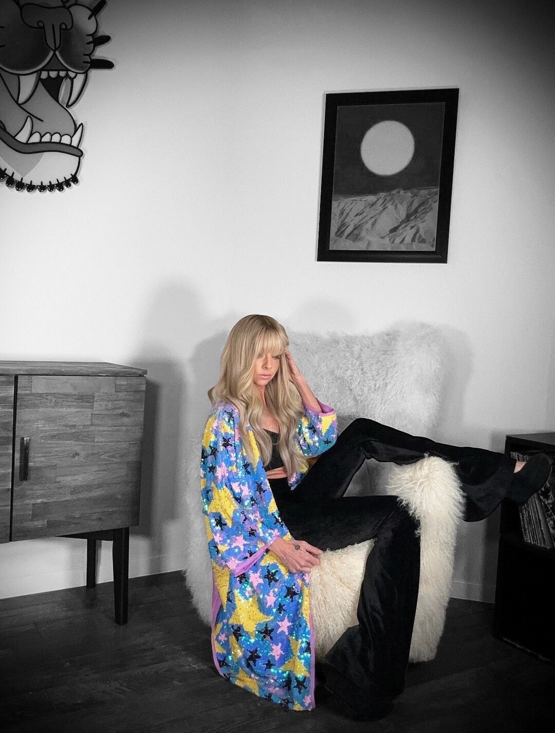 Blue IRIDESCENT STARS SEQUINS Kimono Jacket/ Outer Space/ Celestial