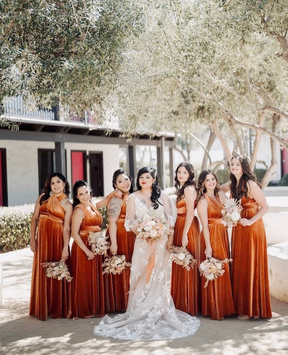 rust colored velvet bridesmaid dresses