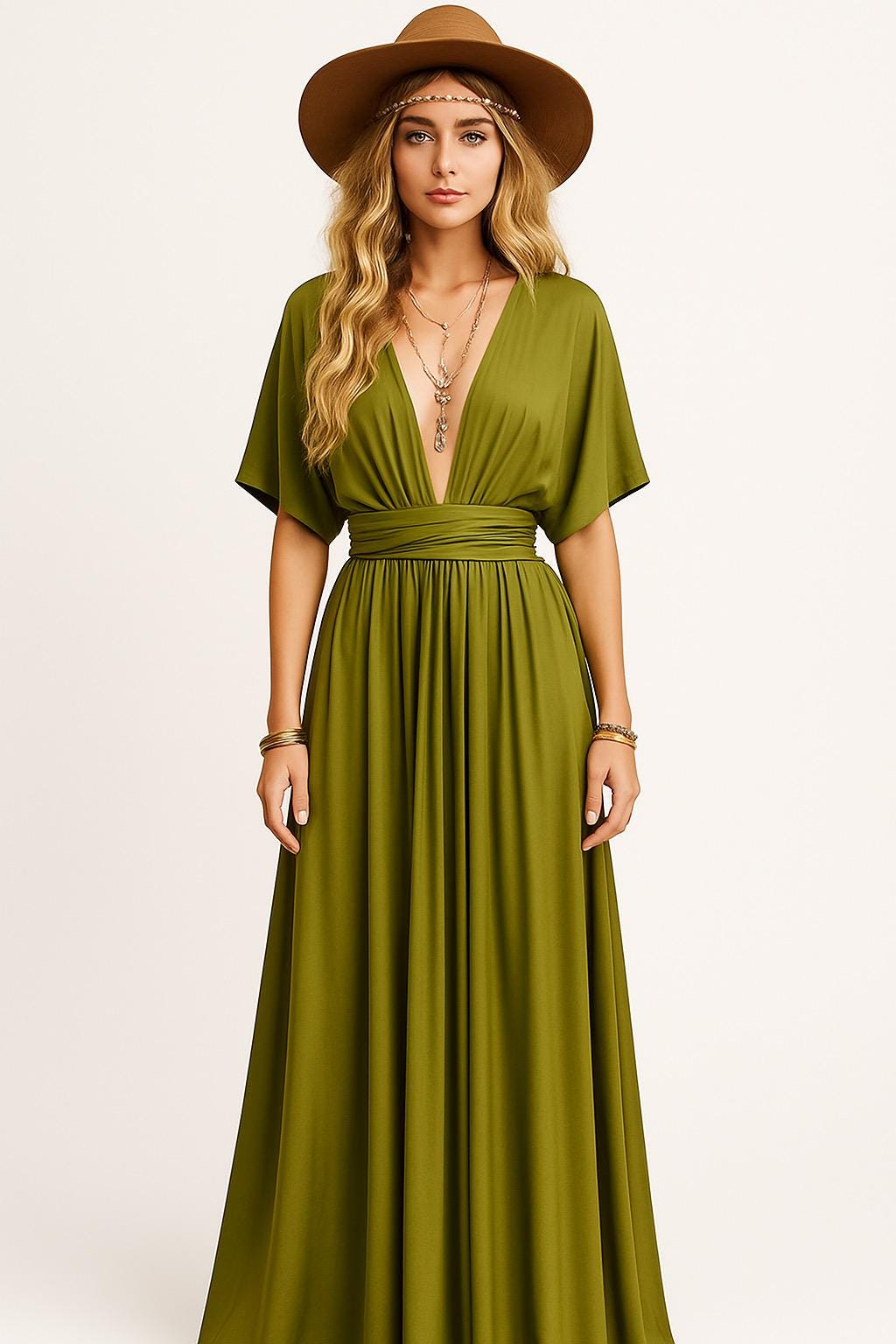 green emerald velvet dress Wandering Knot Front Maxi Dress Military / S main image 0