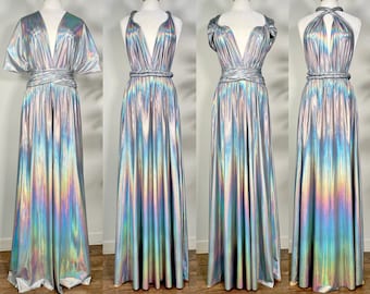 SILVER IRIDESCENT Goddess Bridesmaid Dress/ Holographic Metallic / Convertible Dress / Infinity Dress/ Multiway Dress/ Multi Wrap Dress  /