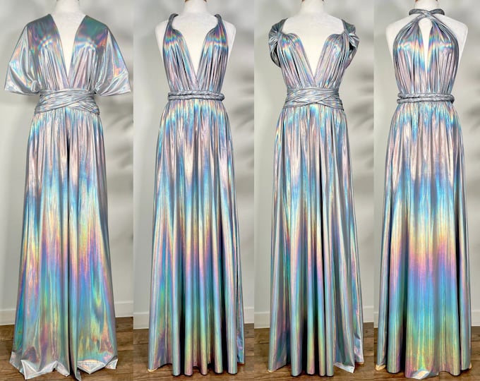 SILVER IRIDESCENT Goddess Bridesmaid Dress/ Holographic Metallic / Convertible Dress / Infinity Dress/ Multiway Dress/ Multi Wrap Dress  /