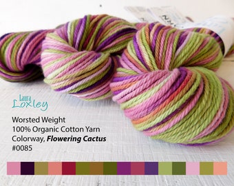 Super Soft Cotton Yarn, Hand Dyed Organic Cotton in Worsted Weight, Flowering Cactus Colorway