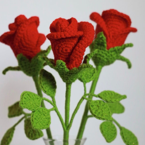 ROZEN haakpatroon PDF | Gehaakte bloemen | Eenvoudige doe-het-zelf-instructies | Rozen met bladeren | Amigurumi-patroon | Gehaakte roos | Geschenk