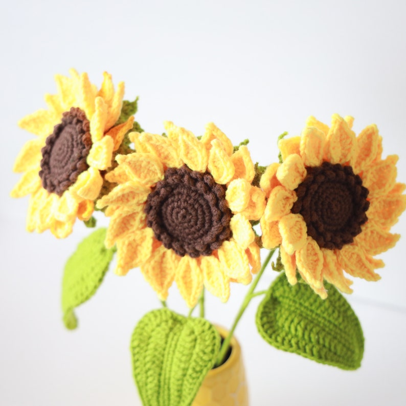 Crochet Sunflower with Leaves, Pattern PDF, Crochet plant flowers, Amigurumi sunflower, Sunflower with leaves, Home decor crochet, Handmade crochet plant, Crochet sunflower pattern, Amigurumi decor, DIY crochet sunflower.
