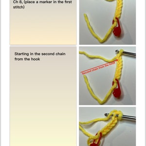 May include: Crochet instructions for making yellow petals. The image shows a close-up of the crochet hook and yarn, with a red marker placed in the second chain from the hook. The text reads "PETALS (24 pieces) Crochet with yellow yarn Ch 8, (place a marker in the first stitch) Starting in the second chain from the hook Second chain from the hook 8"