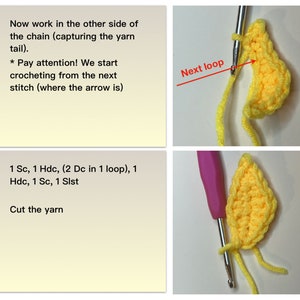 May include: Crochet instructions for a yellow leaf with a crochet hook and yarn. The instructions include "Now work in the other side of the chain (capturing the yarn tail). * Pay attention! We start crocheting from the next stitch (where the arrow is)" and "1 Sc, 1 Hdc, (2 Dc in 1 loop), 1 Hdc, 1 Sc, 1 Sl st. Cut the yarn."