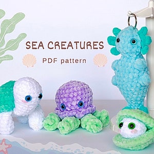May include: A set of five crocheted sea creature amigurumi toys. The toys include a turtle, an octopus, a seahorse, and a clam. The toys are all made with soft, colorful yarn and have adorable faces.