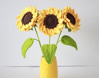 Patron TOURNESOL au crochet PDF. Fleurs au crochet. Instructions de bricolage faciles. Tournesol avec des feuilles. Motif amigurumi.