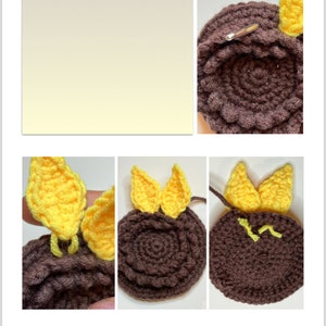 May include: A step-by-step guide on how to crochet a sunflower. The image shows a brown crocheted circle with yellow crocheted petals being attached to it. The text "Skip 1 stitch and attach the second petal." is visible in the image.