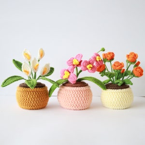 かぎ針編みのパターン 蘭、バラ、鉢植えの平和のユリ。パターン PDF。かぎ針編みの花。あみぐるみのパターン。かぎ針編みのパターンの室内植物。