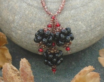 Blackberry Trio Pendant Necklace, Black and Red Beaded Necklace, in black, ruby red and bronze Czech seed beads, UK seller