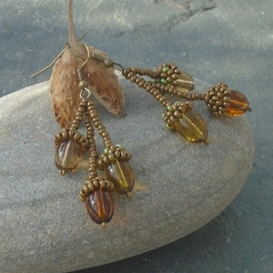 Ripening Acorns Earrings, in bronze and green Czech seed beads and topaz crystal glass beads, UK seller