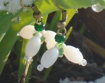 Snowdrop Earrings, Spring Flower Earrings, in crystal, white, and leaf green Czech seed beads and white glass beads, UK seller