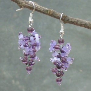 Wisteria Earrings, crystal and Czech seed bead Earrings, in purple crystal and lavender and aqua seed beads, UK seller