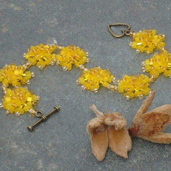 Dandelion Bracelet, Seed Bead Bracelet, in sunshine yellow, champagne and pale topaz seed beads, UK seller