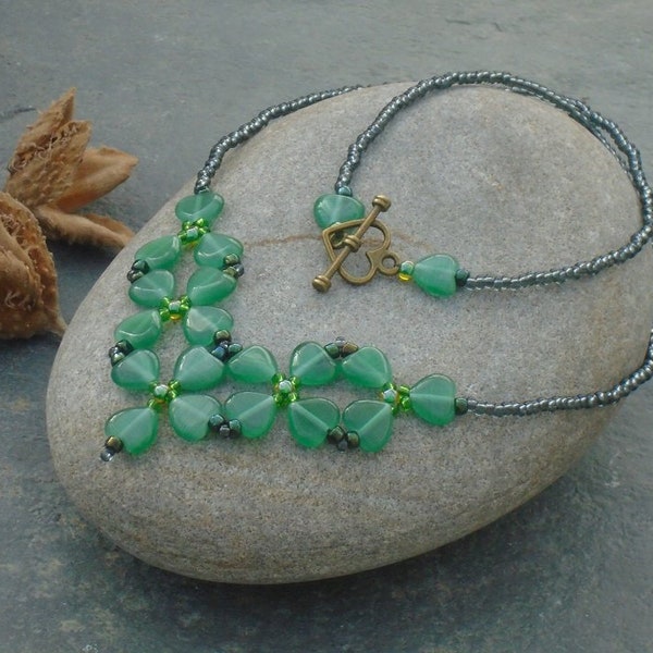 Clover Leaf Necklace, Glass Heart and Czech Seed Bead Necklace, in emerald, leaf green and grey beads, UK seller