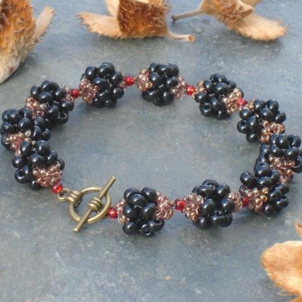 Blackberries Bracelet, Black and Red Beaded Bracelet, in black, ruby red and bronze Czech seed beads, UK seller