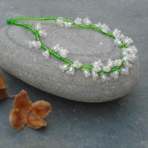 Lily of the Valley Necklace, White Flower Necklace, Seed Bead Flower Necklace, in crystal, white, and leaf green Czech seed beads, UK seller