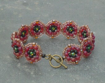 Poppy Bracelet, Czech Seed Bead Bracelet, in frosted red, black and lustered bronze Czech seed beads, UK seller