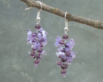 Wisteria Earrings, crystal and Czech seed bead Earrings, in purple crystal and lavender and aqua seed beads, UK seller
