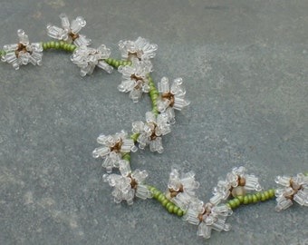 Dandelion Clock Bracelet, Flower Bracelet, Flower Garland, in crystal, bronze and metallic olive green Czech seed beads, UK seller