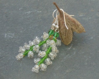 Lily of the Valley Pendant Earrings, White Flower Earrings, in crystal, white, yellow, and leaf green Czech seed beads, UK seller
