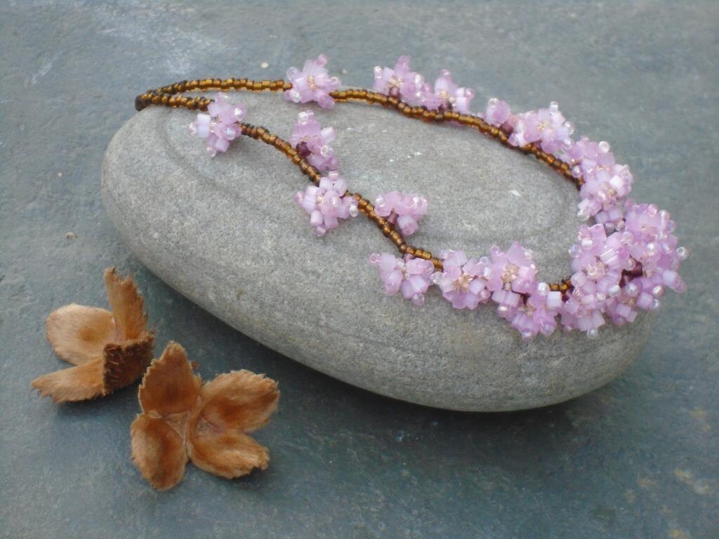 Japanese Cherry Blossom Necklace Seed Bead Flower Necklace Etsy
