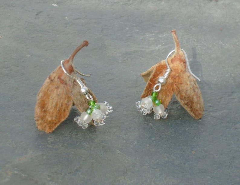 and leaf green Czech seed beads UK seller white crystal White Flower Earrings yellow in ivory Lily of the Valley Earrings