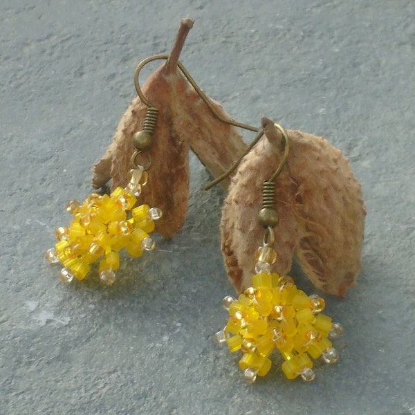 Pusteblumen Ohrringe, in sonnengelb, champagner und blass topaz Tschechische Rocailles, UK Verkäufer