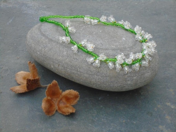 Lily of the Valley Necklace, White Flower Necklace, Seed Bead Flower Necklace, in crystal, white, and leaf green Czech seed beads, UK seller