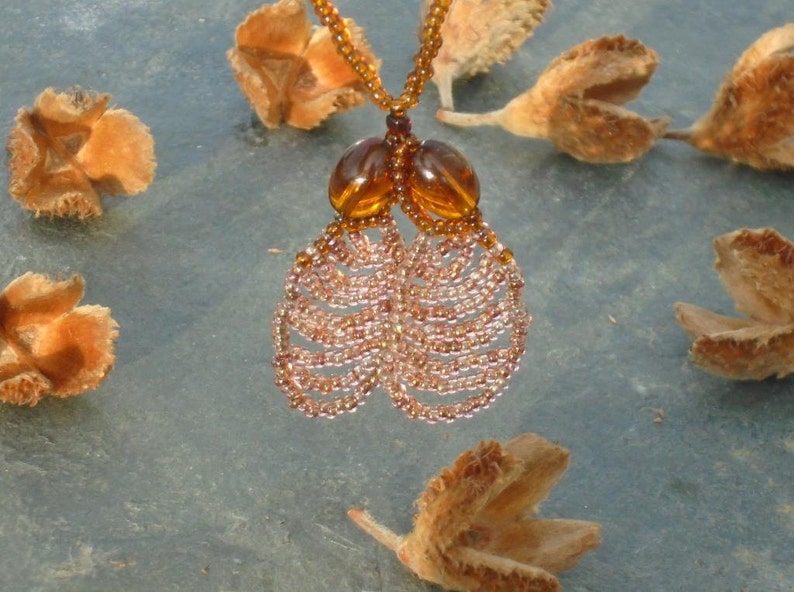 Sycamore Keys Pendant Necklace in bronze and topaz Czech seed beads and chestnut crystal beads UK seller