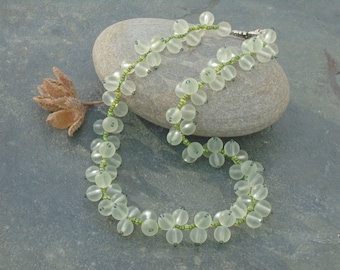 Mistletoe Berries Necklace, Frosted Crystal and Green Beaded Necklace, in frosted glass and Czech seed beads, UK seller