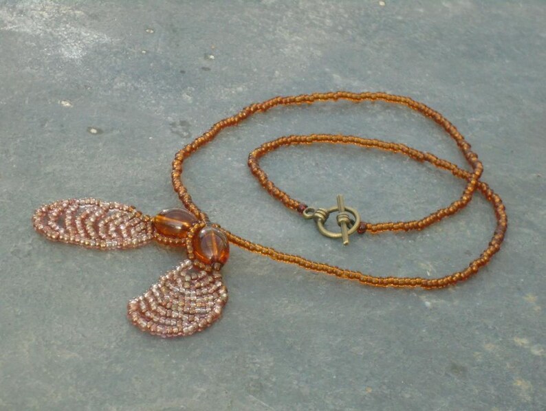 Sycamore Keys Pendant Necklace in bronze and topaz Czech seed beads and chestnut crystal beads UK seller
