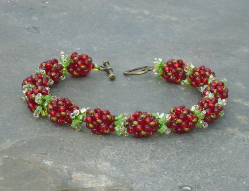 Wild Strawberries Bracelet Ruby Seed Bead Bracelet UK seller bronze and green Czech seed beads in ruby