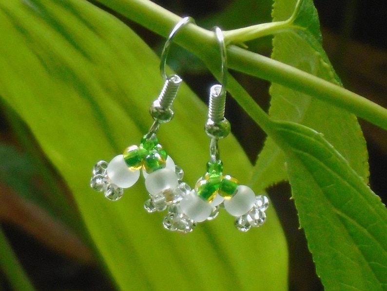 and leaf green Czech seed beads UK seller white crystal White Flower Earrings yellow in ivory Lily of the Valley Earrings
