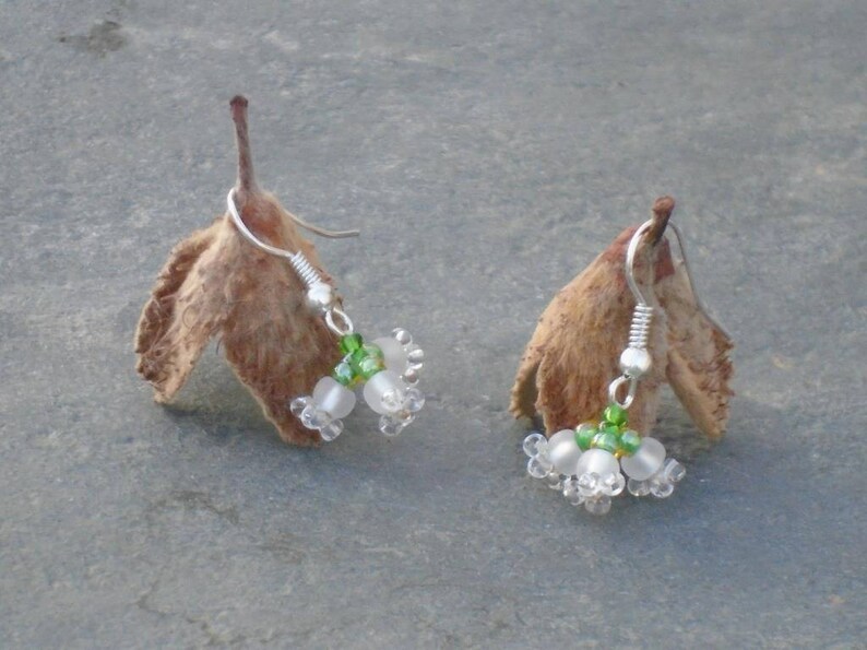 and leaf green Czech seed beads UK seller white crystal White Flower Earrings yellow in ivory Lily of the Valley Earrings