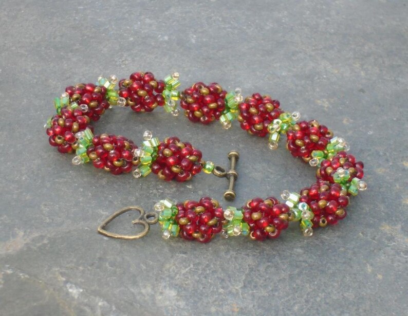 Wild Strawberries Bracelet Ruby Seed Bead Bracelet UK seller bronze and green Czech seed beads in ruby