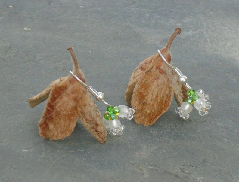 and leaf green Czech seed beads UK seller white crystal White Flower Earrings yellow in ivory Lily of the Valley Earrings