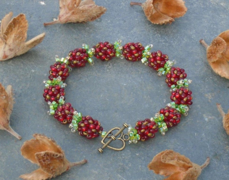 Wild Strawberries Bracelet Ruby Seed Bead Bracelet UK seller bronze and green Czech seed beads in ruby