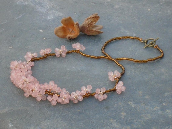 Quince Blossom Necklace, Seed Bead Flower Garland, in pink, bronze, pale yellow and topaz Czech seed beads, UK seller